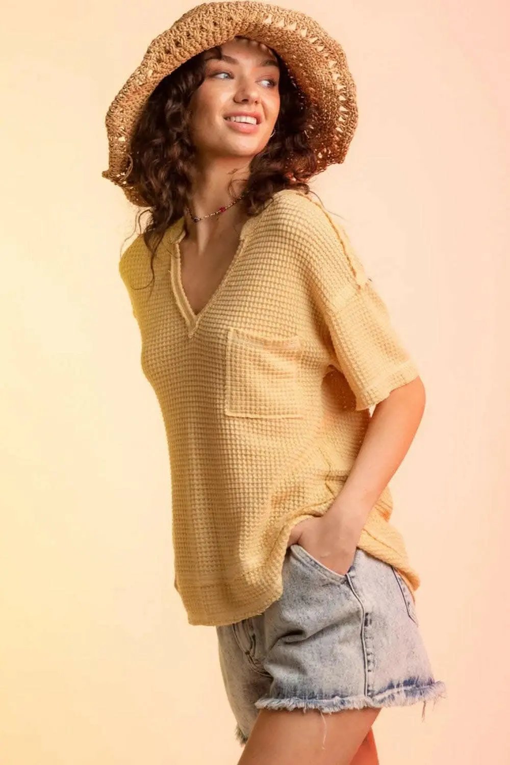 Chic waffle-knit half sleeve tee - Love Salve